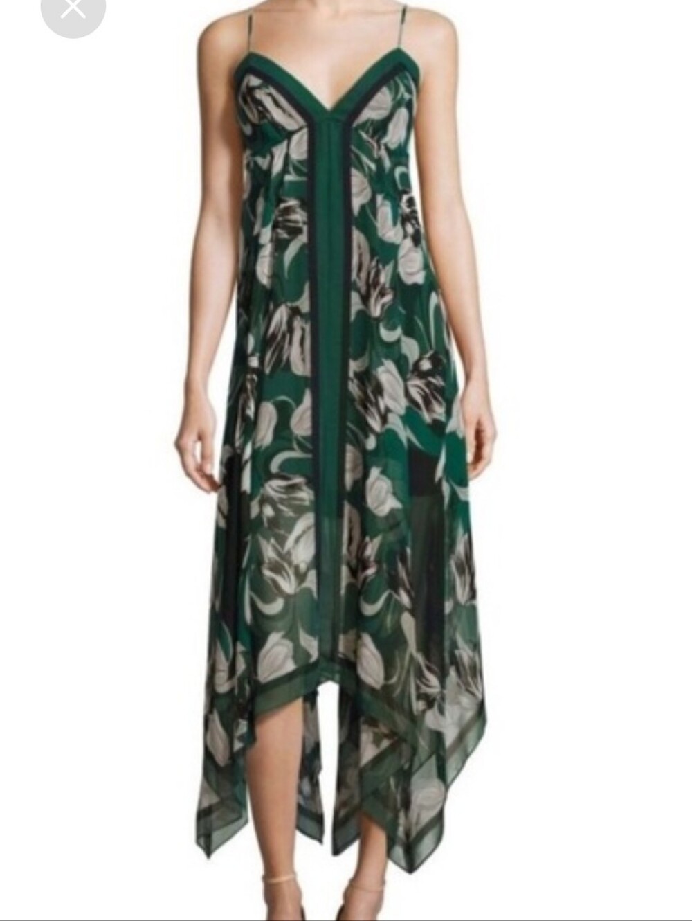 BCBGMaxAzria Green and White Floral Handkerchief Hem Midi Dress Size XS
